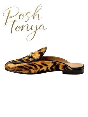 NIB Sam Edelman Linnie Tiger Print Mules Brown Size 5.5 Slip On Flats Office